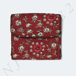 COACH Wallet Red Floral Print Wild Hearts Coated Canvas Compact Trifold Small